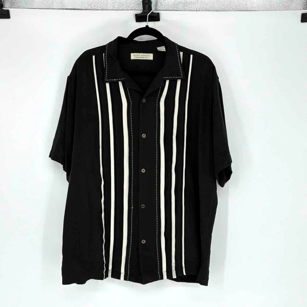 Island Republic Men's Black & White Trim Silk Short Sleeve Button Up Shirt - XL